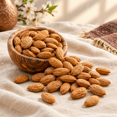 Kashmiri Mamra almonds in a wooden bowl on ivory linen