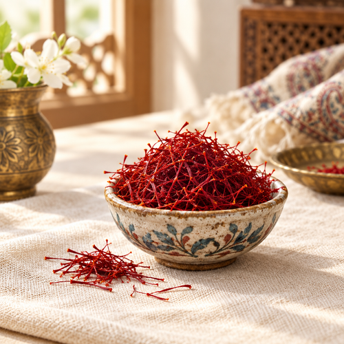 Kashmiri Mongra saffron in a ceramic bowl