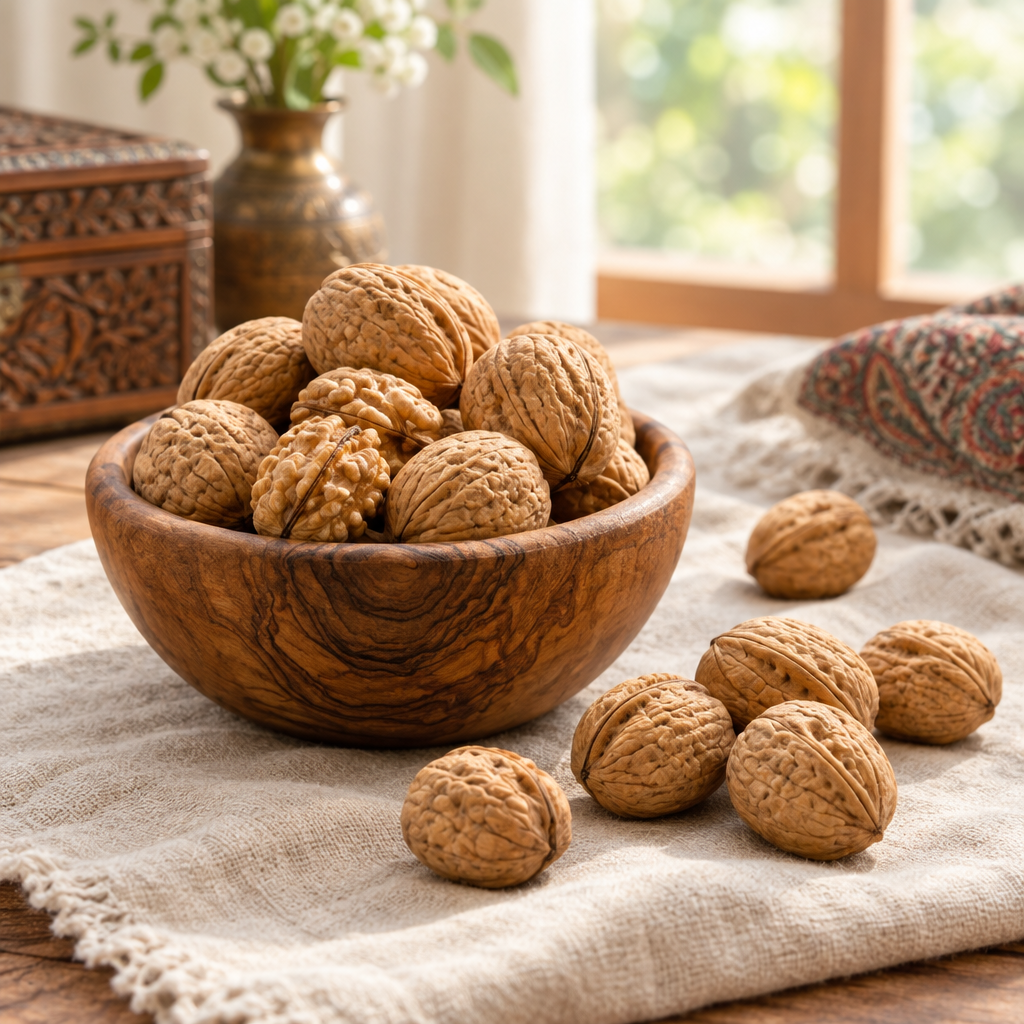 Kashmiri walnuts in shell on ivory linen