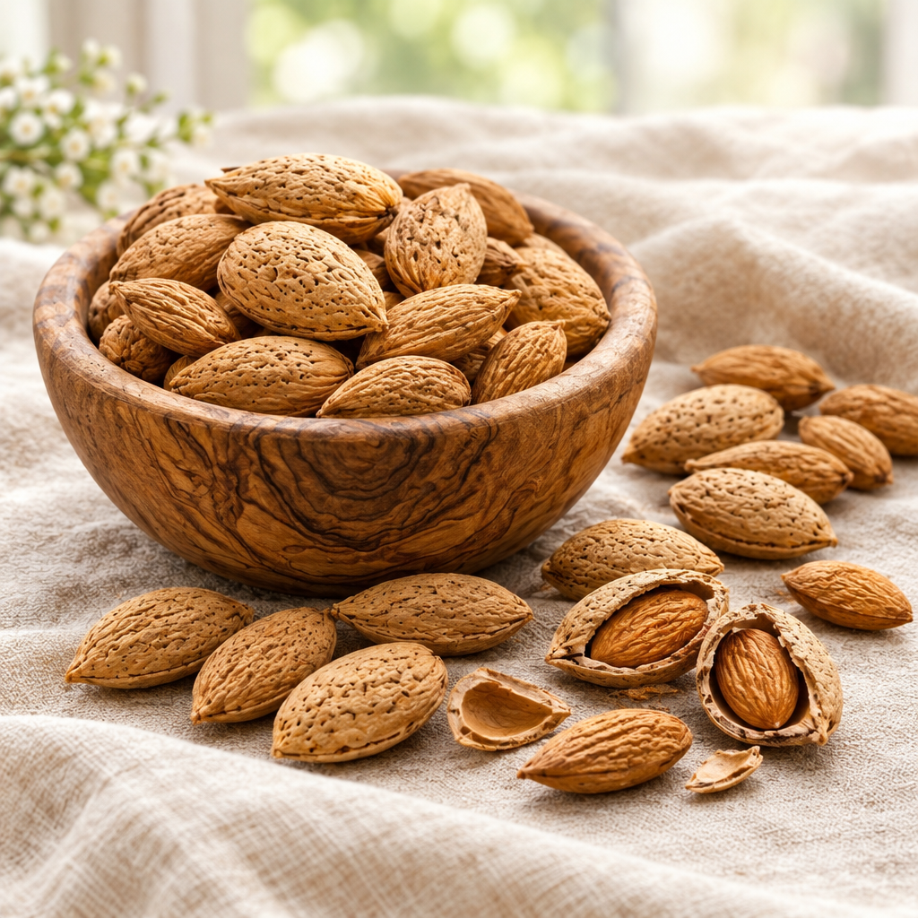Mamra almonds in shells beside a wooden bowl