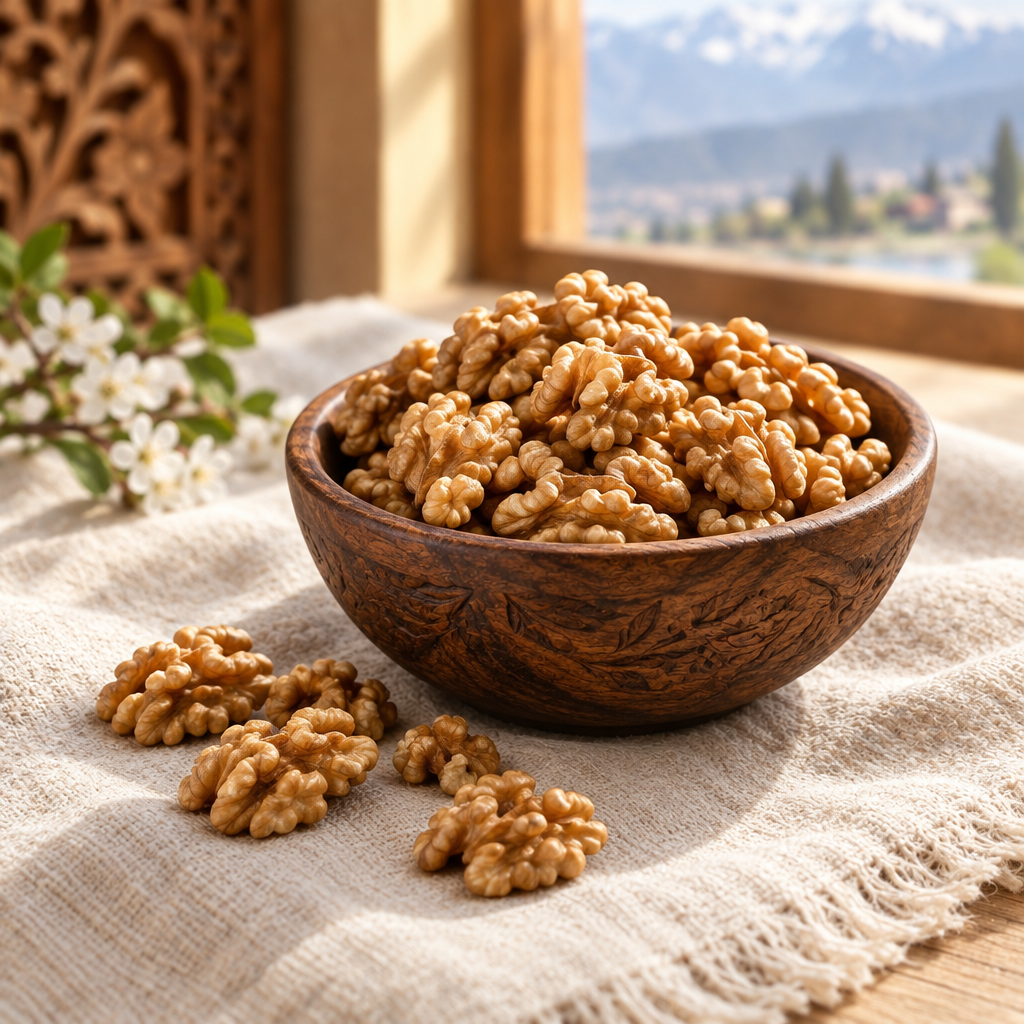 Organic Kashmiri walnuts on ivory linen